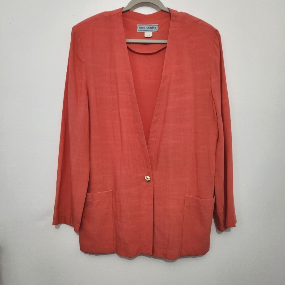 Norton Mcnaughton Blazer Oversized Sz 16 Coral One Button Pockets Shoulder Pads